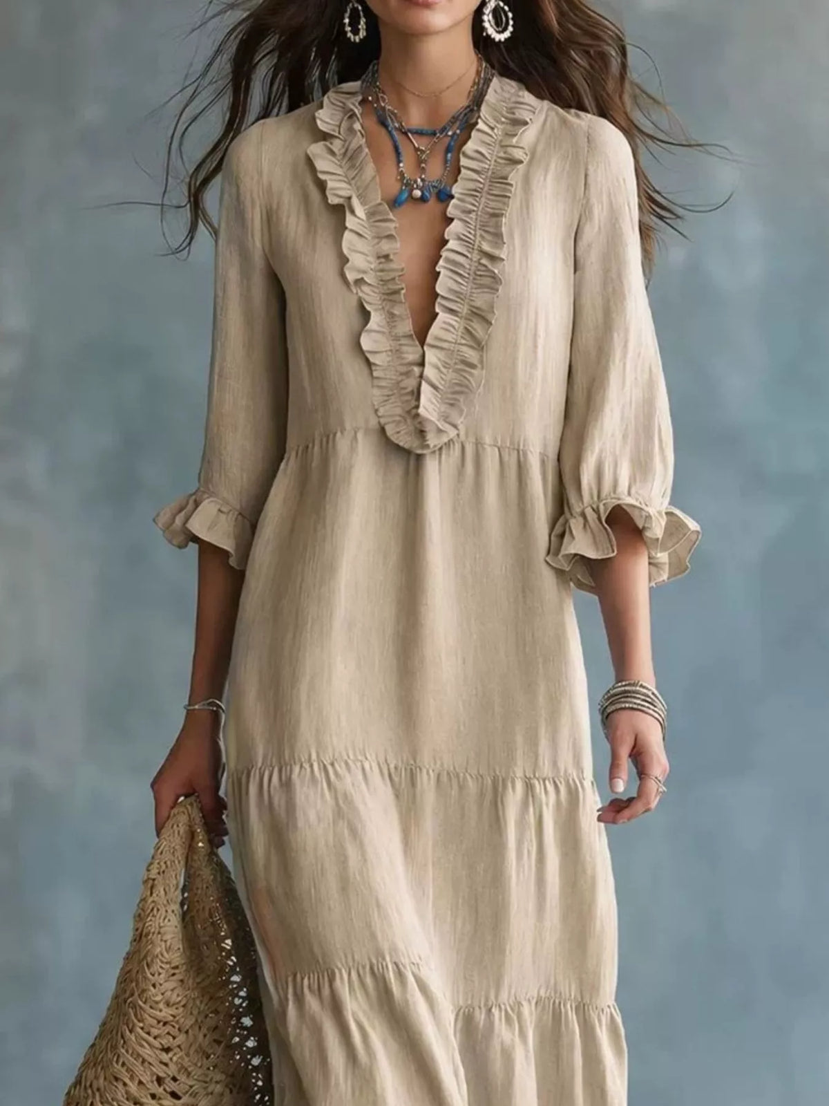 Ruffled V-Neck Tiered Maxi Dress - Lilixa.store