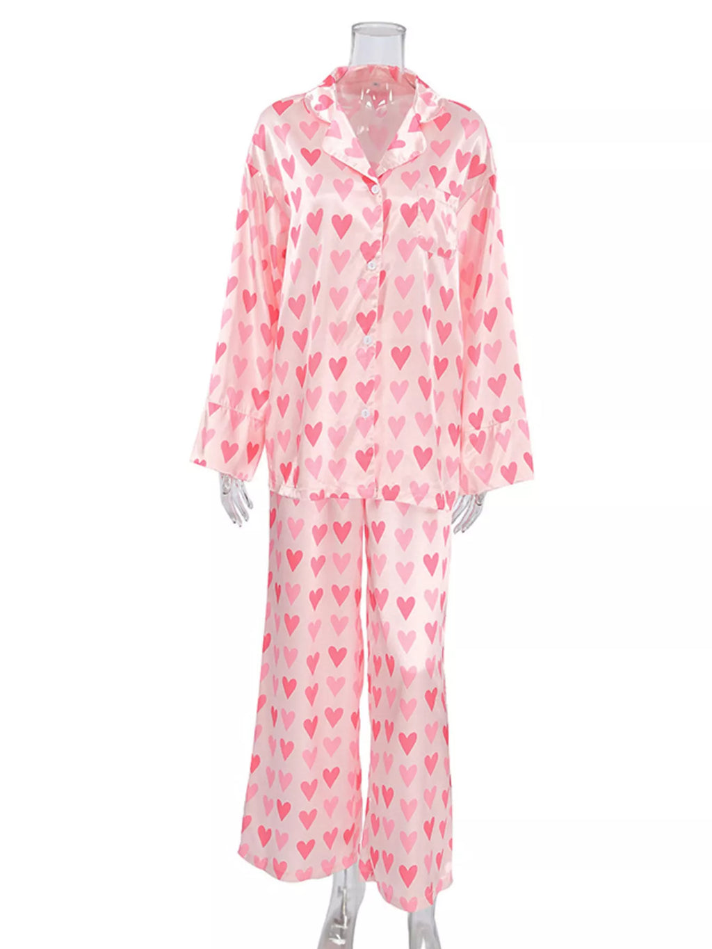 Heart Print Button Up Top and Pants Lounge Set - Lilixa.store
