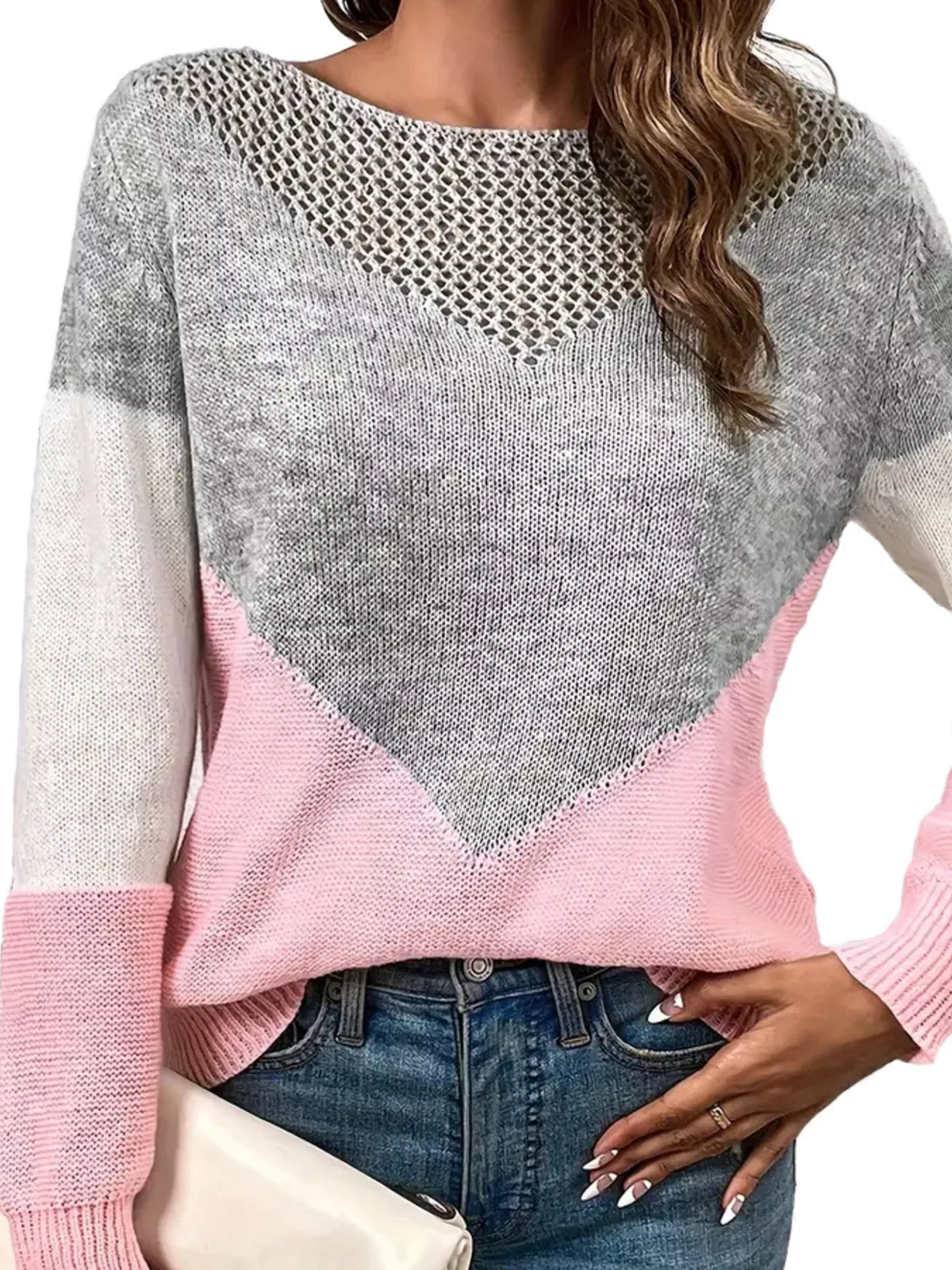 Openwork Color Block Long Sleeve Sweater