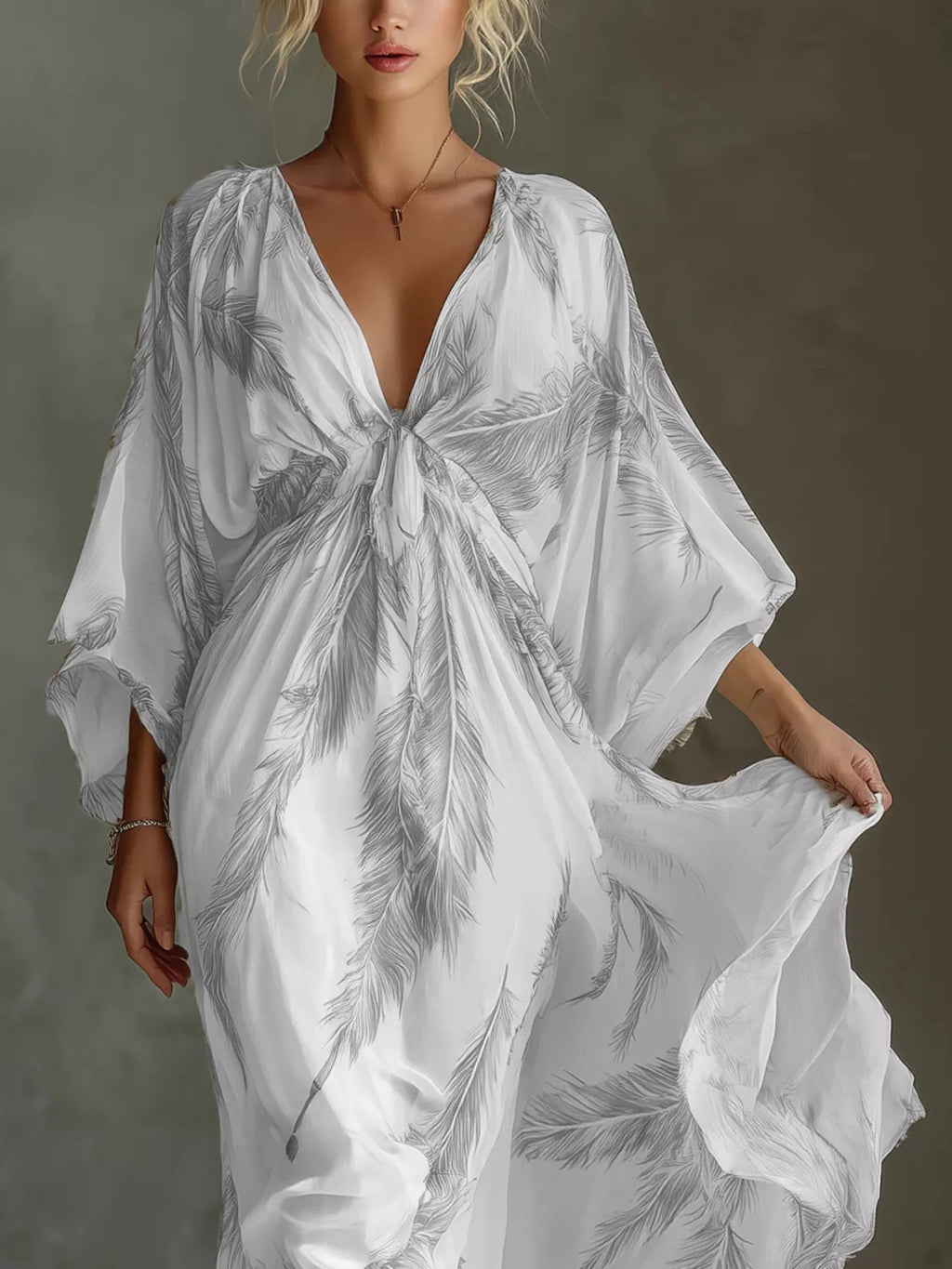 Full Size Feather Print V-Neck Flowy Maxi Dress Plus Size - Lilixa.store