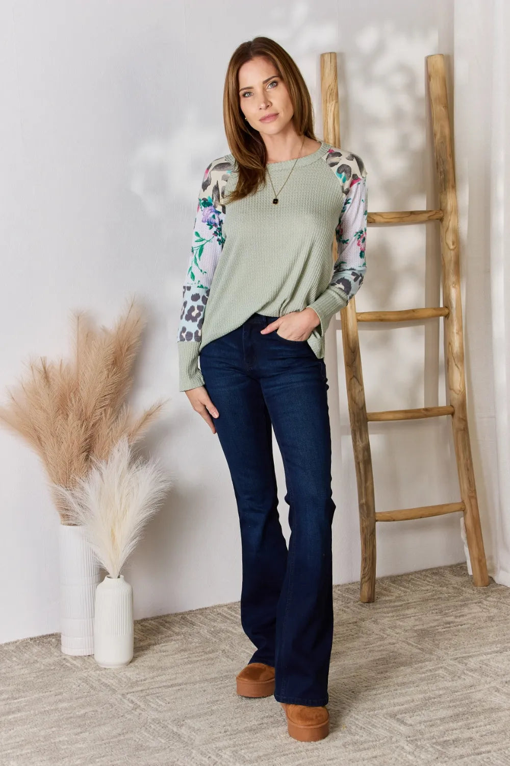 Hailey & Co Full Size Printed Round Neck Blouse - Lilixa.store
