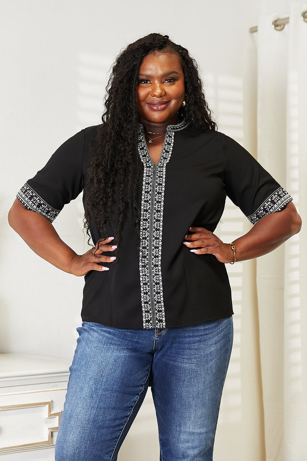 Double Take Embroidered Notched Neck Top in Black, view 7