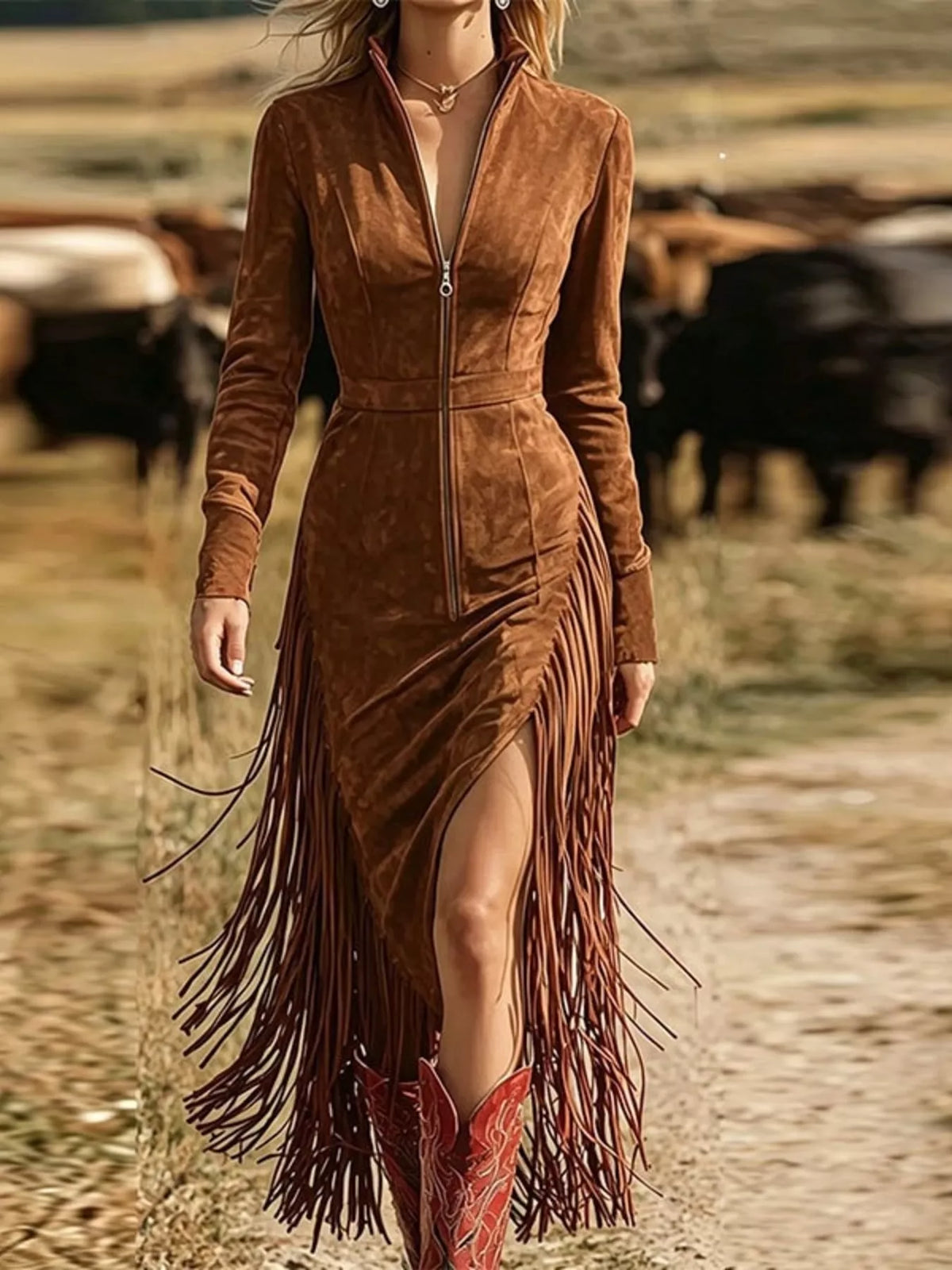 Fringe Zip-Front Midi Dress in Brown