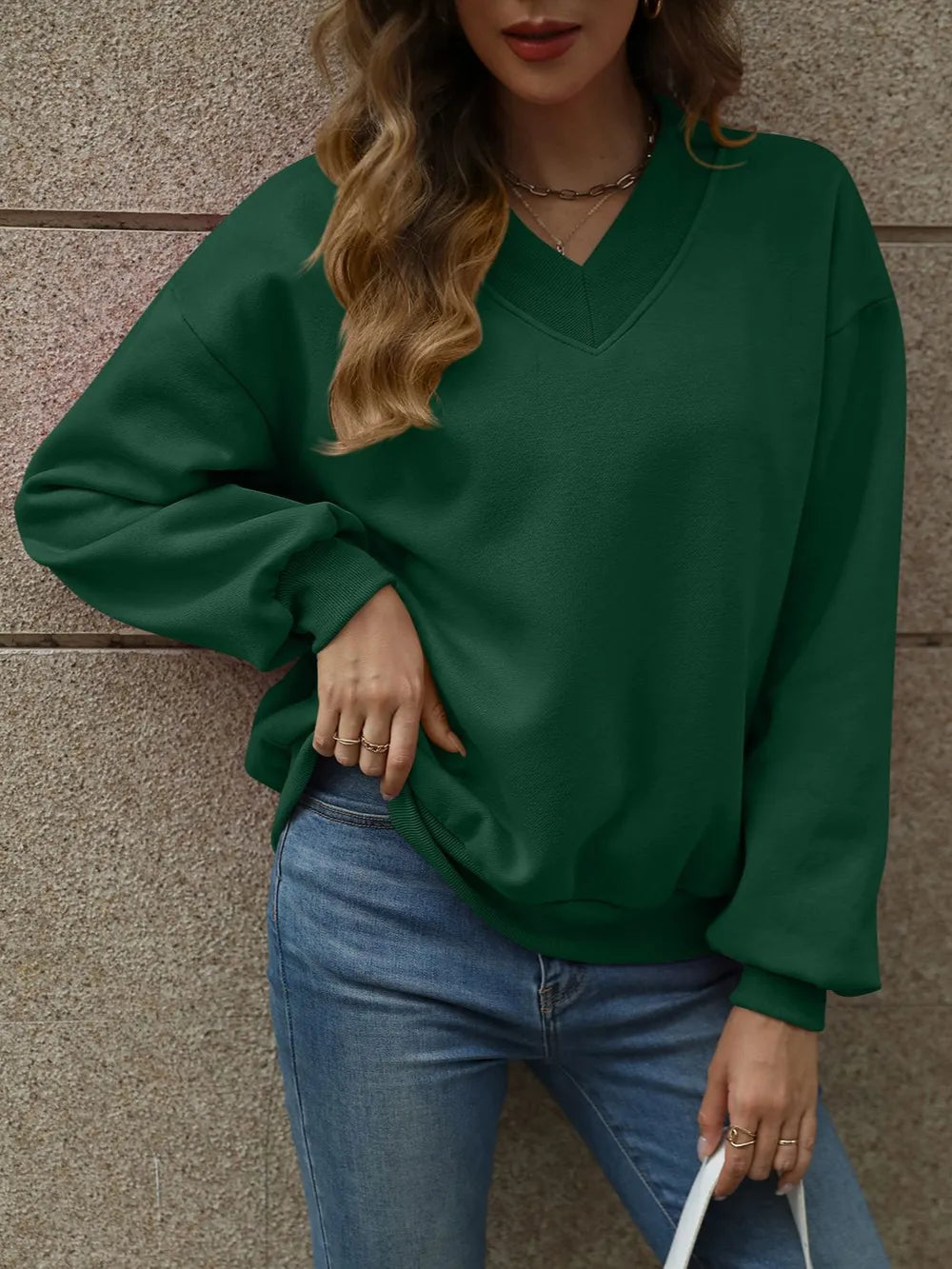 V-Neck Long Sleeve Dropped Shoulder Sweatshirt - Lilixa.store
