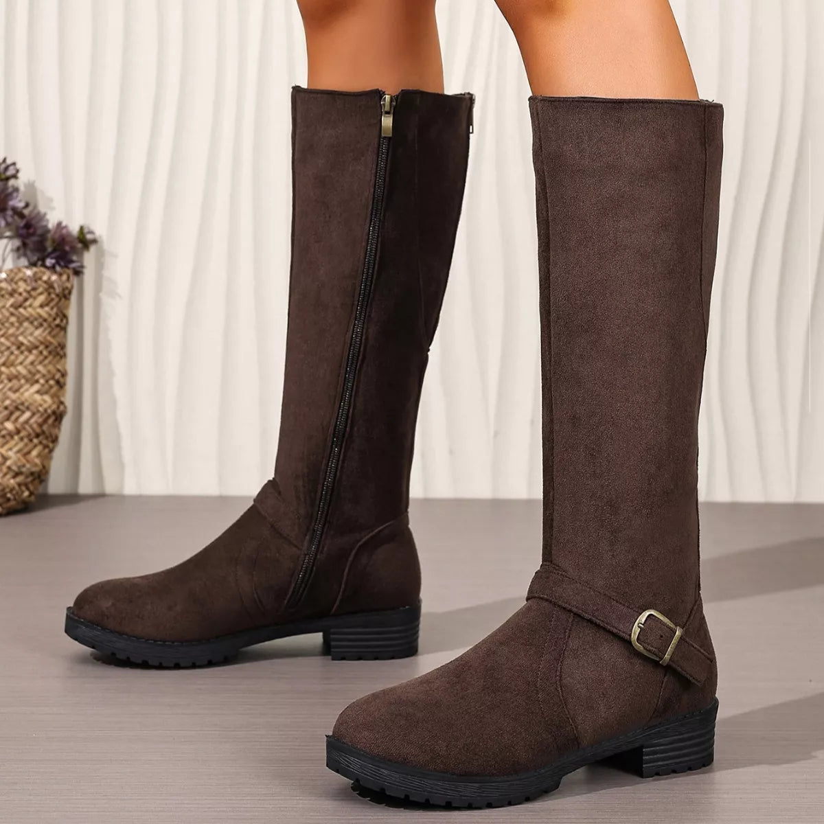 Knee-High Suede Buckle Accent Boots - Lilixa.store