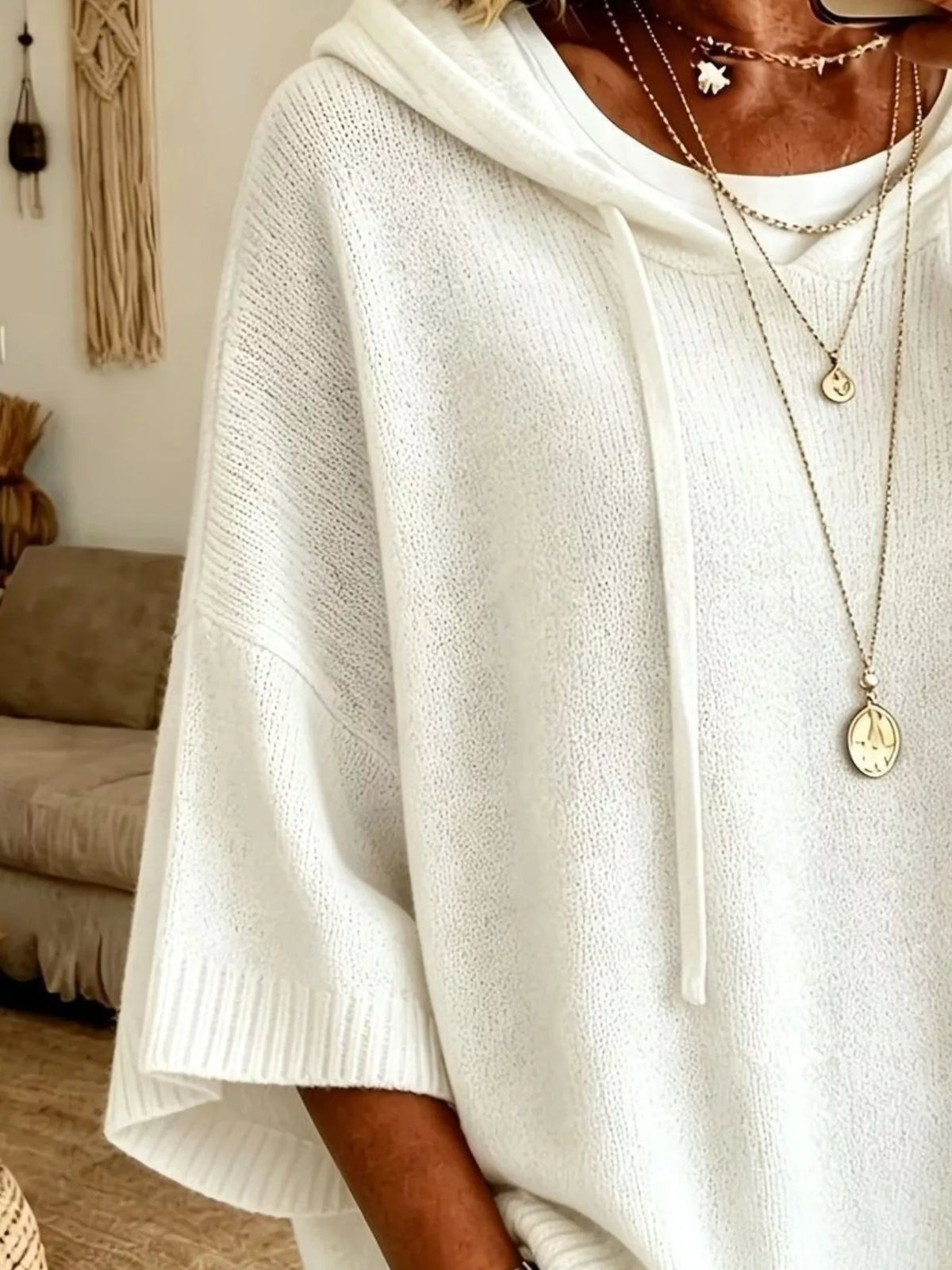 Casual Loose Fit Hooded Knit Sweater with Ribbed Hem, view 2