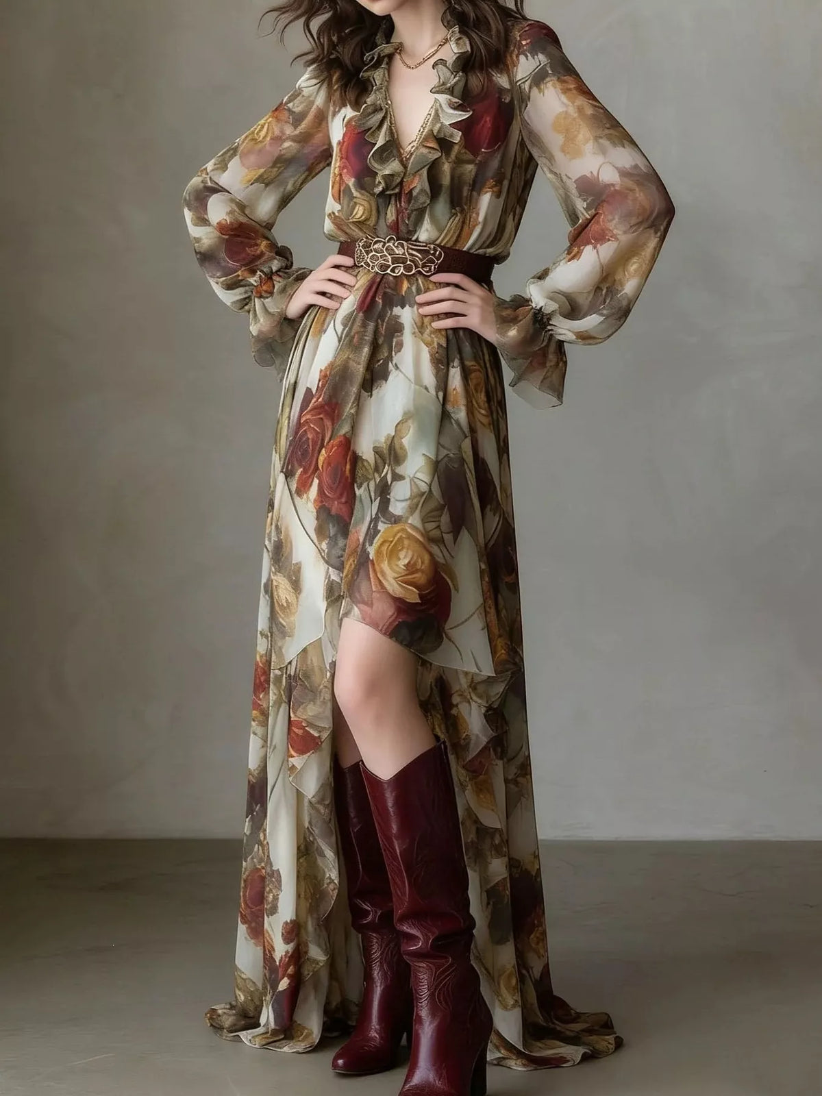 Floral Print Ruffle Trim High-Low Chiffon Maxi Dress