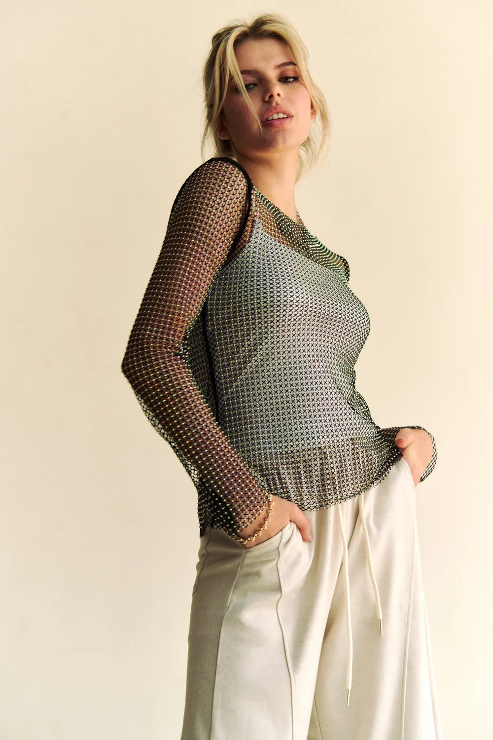 Davi & Dani Sparkling Rhinestone Sheer Mesh Round Neck Top - Lilixa.store