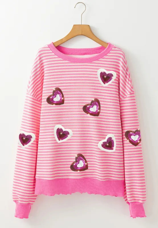 Valentine’s Day Sequin Heart Striped Round Neck Long Sleeve Sweatshirt - Lilixa.store