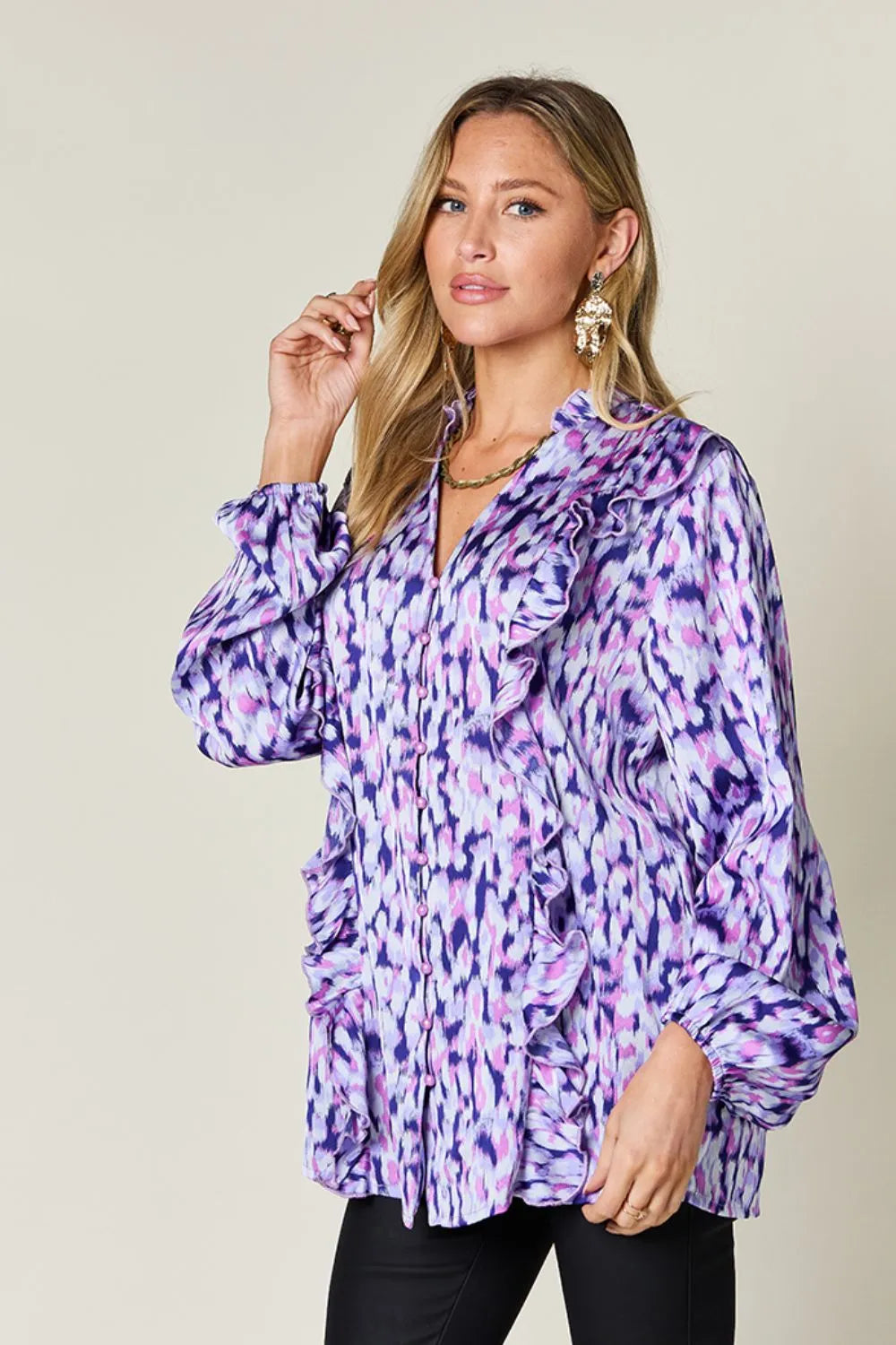 Double Take Full Size Printed Ruffle Trim Balloon Sleeve Shirt Plus Size - Lilixa.store