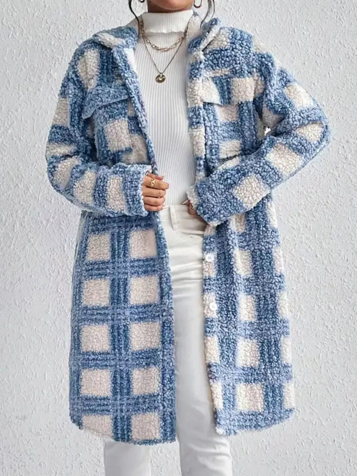 Plaid Button Up Long Sleeve Fleece Coat in Sky Blue, view 4