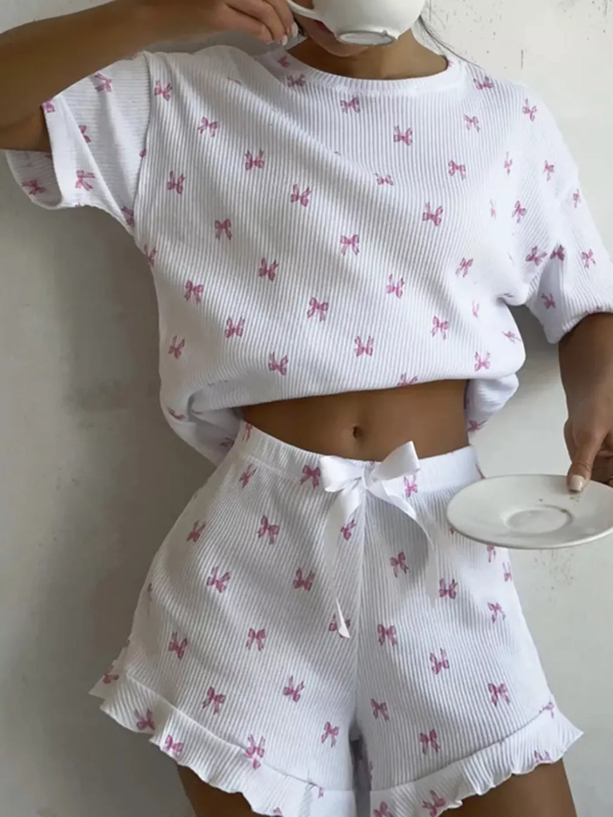 Ribbed Knit Bow Print Top and Shorts Lounge Set - Lilixa.store