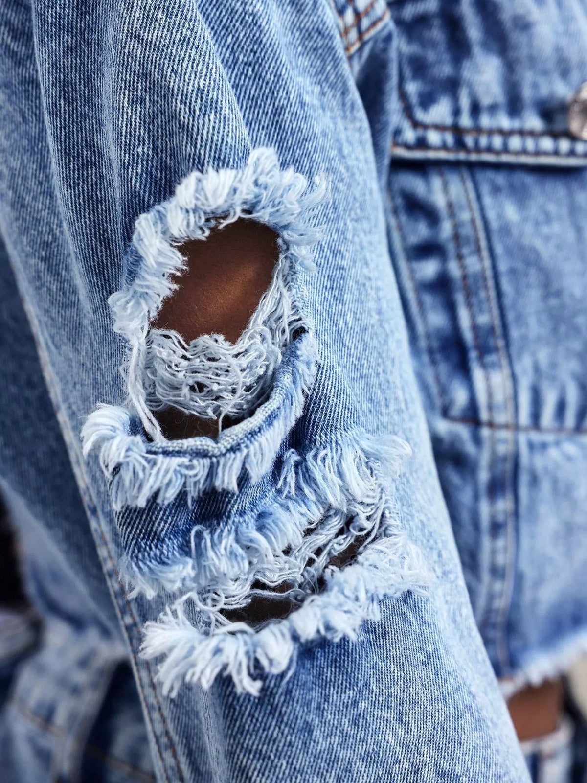Distressed Cropped Denim Jacket in Blue, view 3
