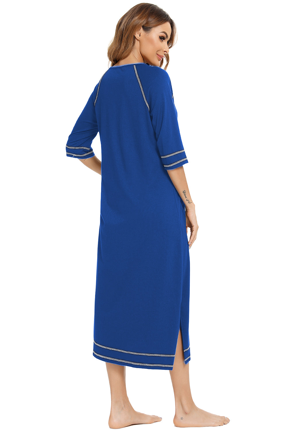 Zip Up Slit Round Neck Night Dress with Pockets, view 13