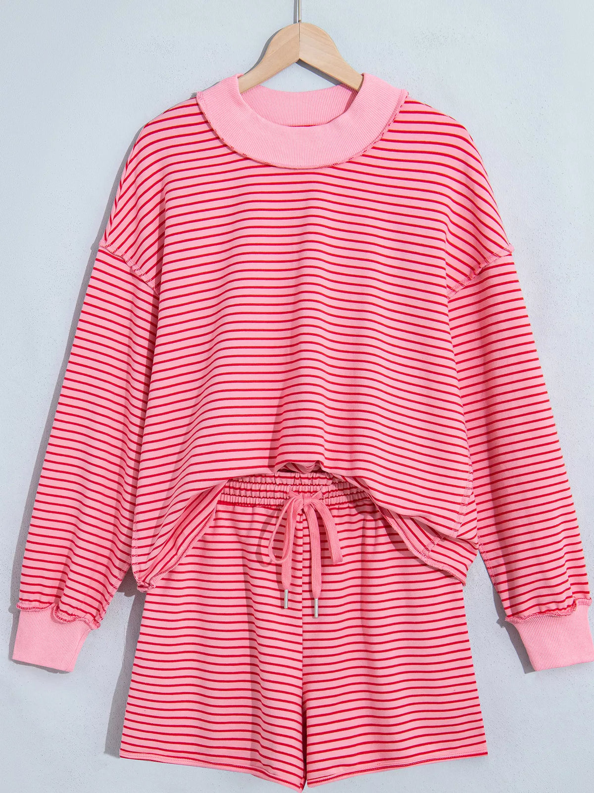Stripe Ribbed Patchwork Mock Neck Baggy Pullover Matching Shorts Set - Lilixa.store