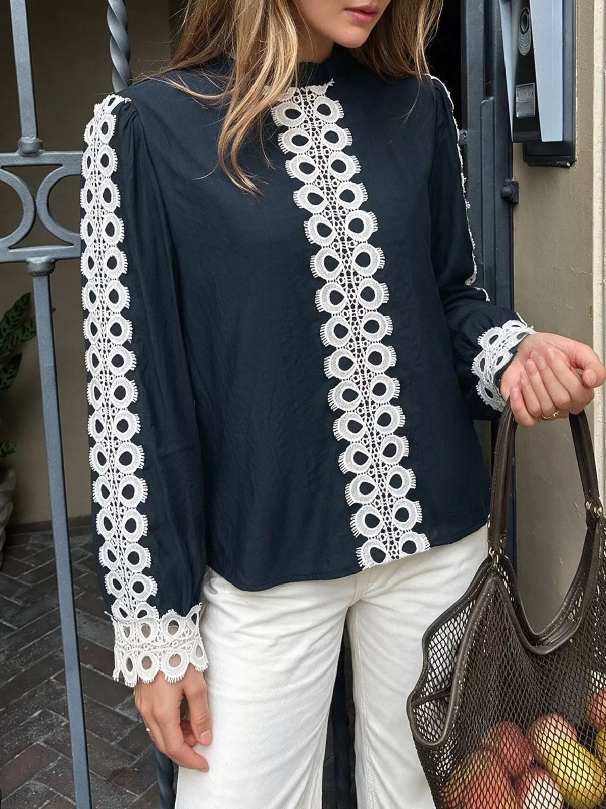 Lace Trim Long Sleeves Blouse - Lilixa.store
