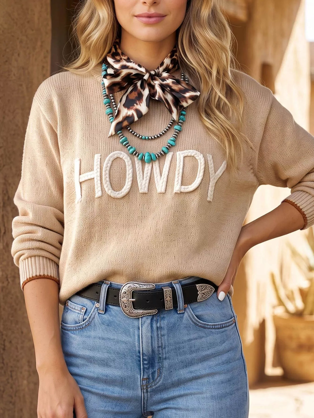 Parchment Corder HOWDY Letter Graphic Crew Neck Relaxed Sweater - Lilixa.store