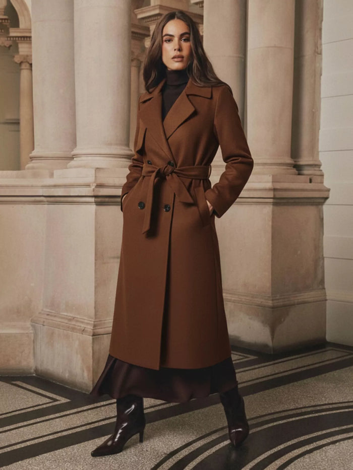Lapel Collar Belted Wool Blend Coat in Brown