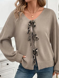 Perfee Tied Contrast Heart V-Neck Long Sleeve Cardigan - Lilixa.store
