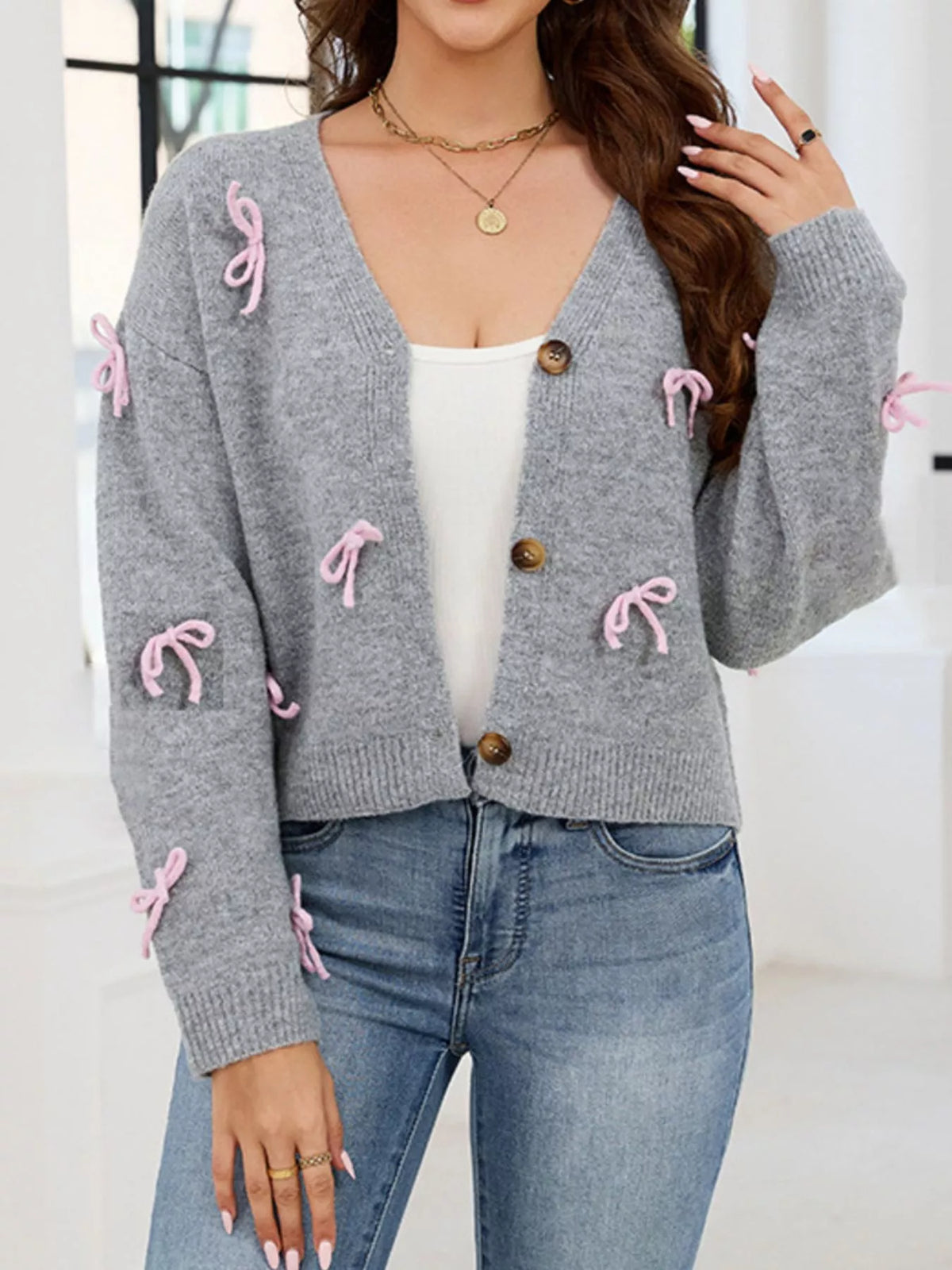 Bow Button Up Cardigan in Gray