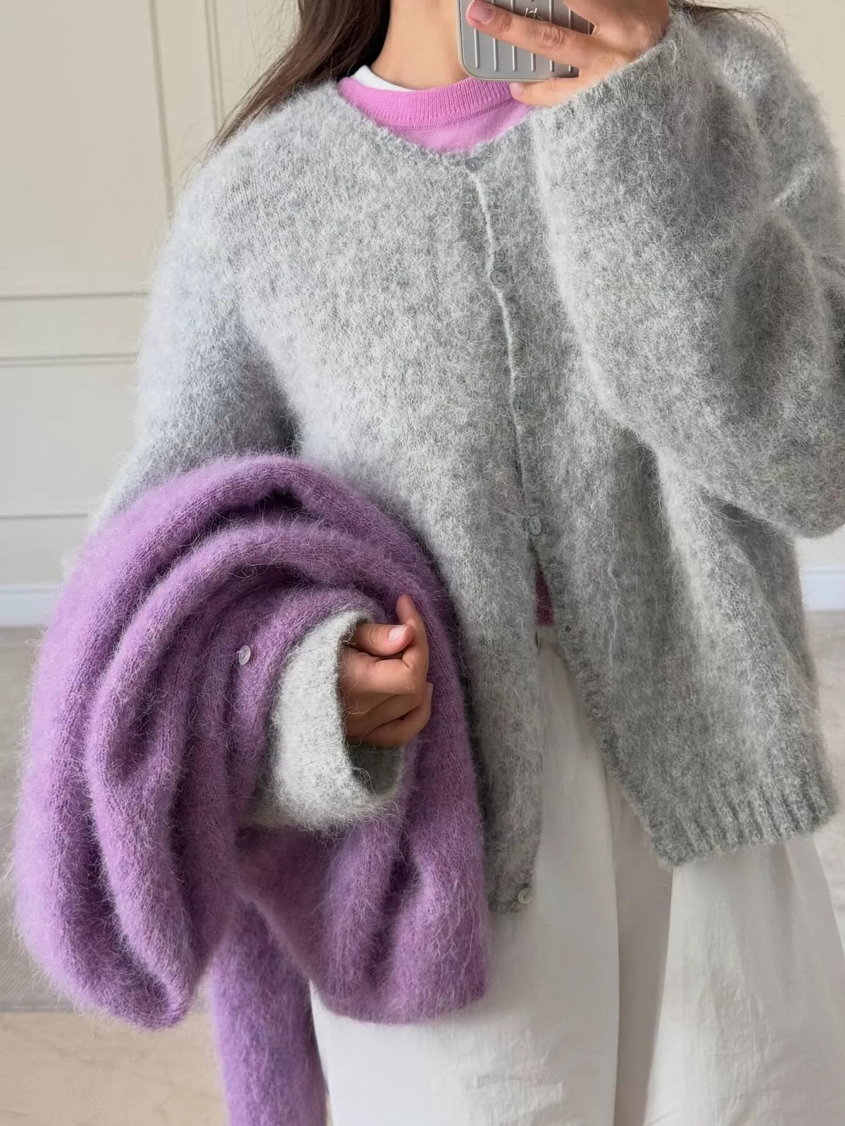 Fuzzy Knit Button-Down Cardigan in Light Gray