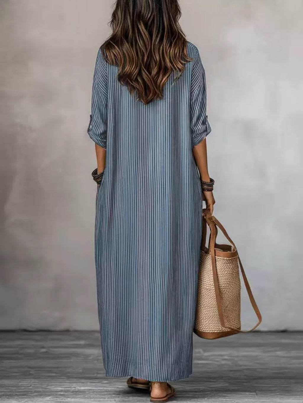 Full Size Striped Notched Maxi Dress with Pockets Plus Size - Lilixa.store