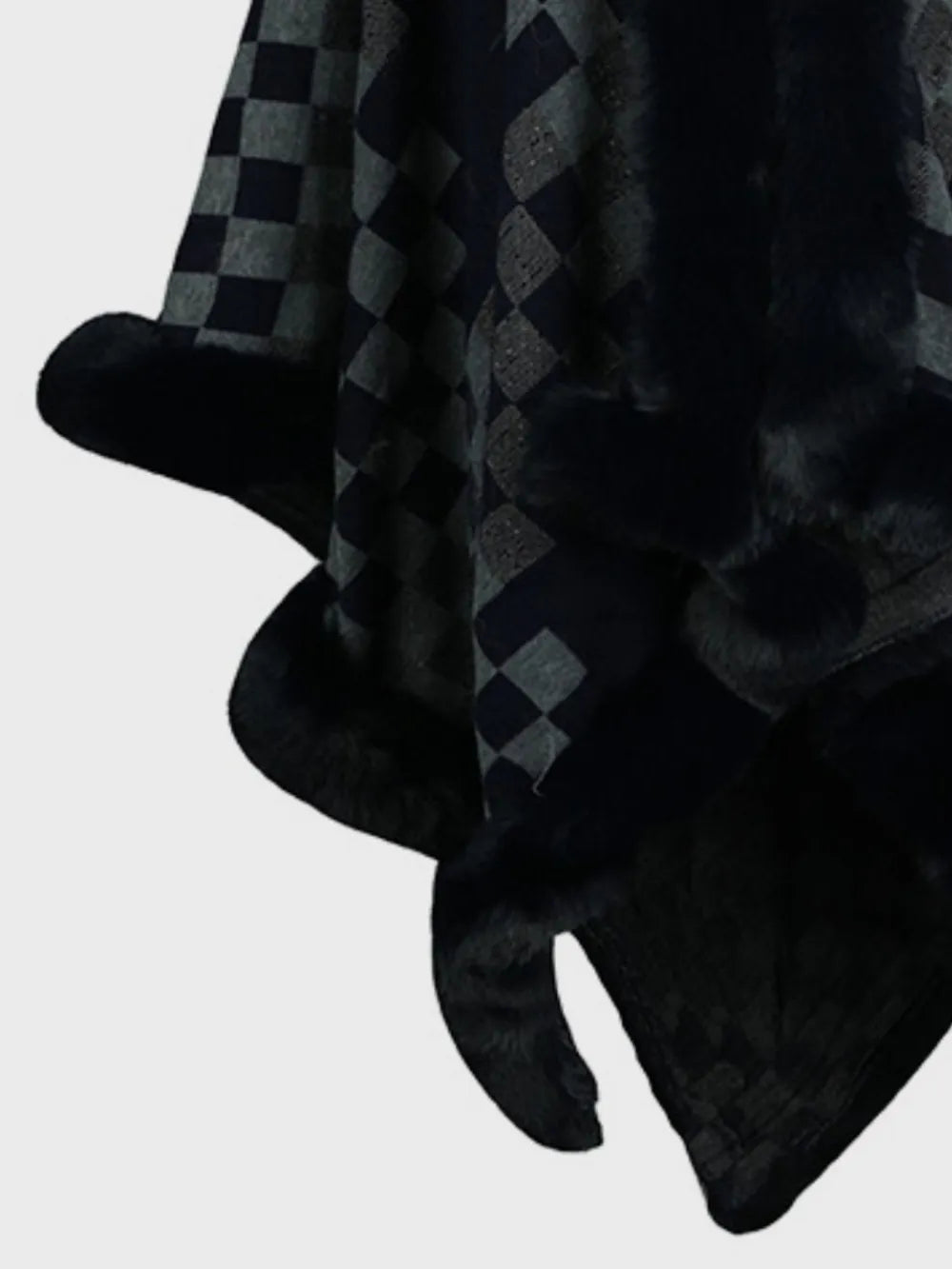 Fuzzy Checkered Long Sleeve Poncho - Lilixa.store