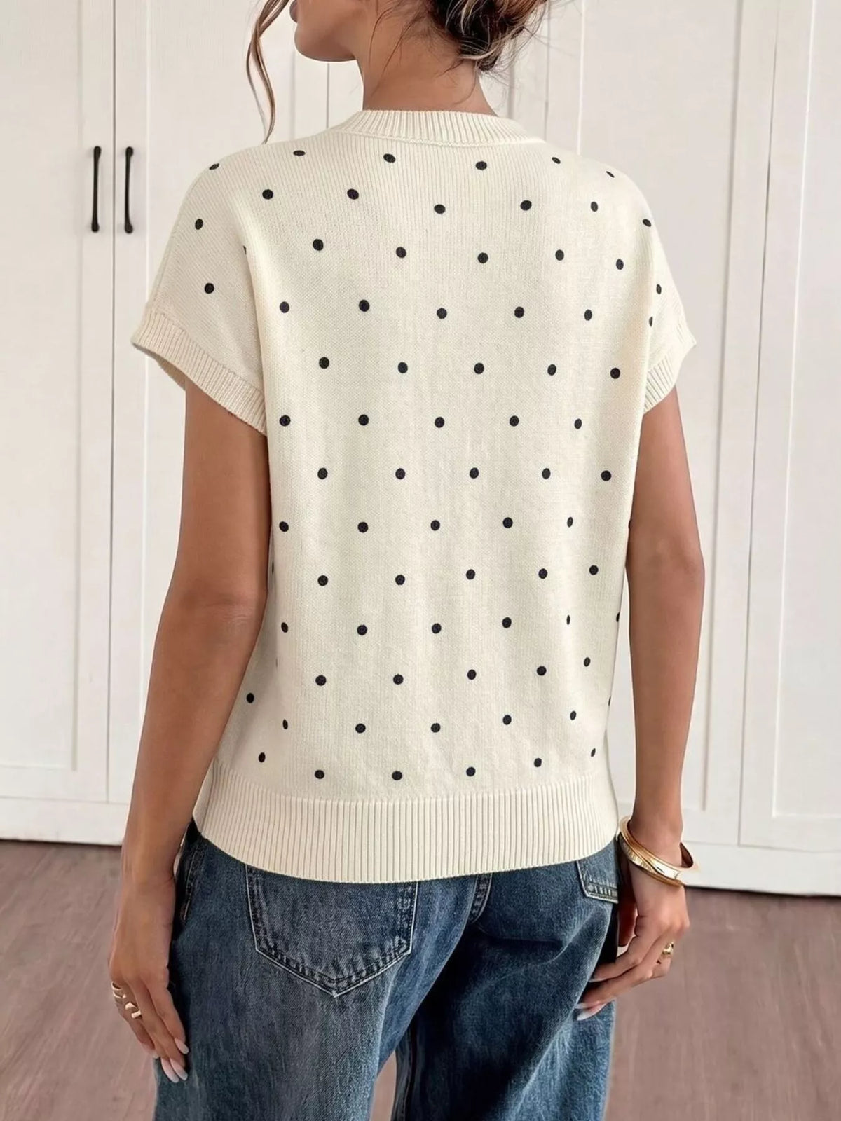 Polka Dot Short Sleeve Knit Sweater in Apricot, view 6