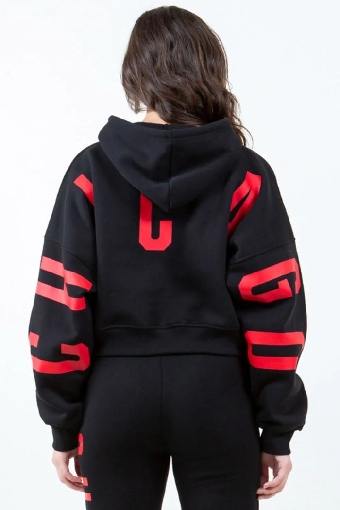 American Bazi Letter Graphic Long Sleeve Drawstring Cropped Hoodie - Lilixa.store