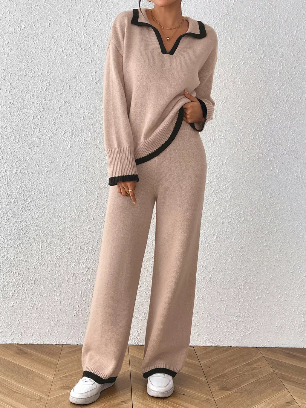 Contrast Trim Polo Collar Top and Pants Sweater Set - Lilixa.store