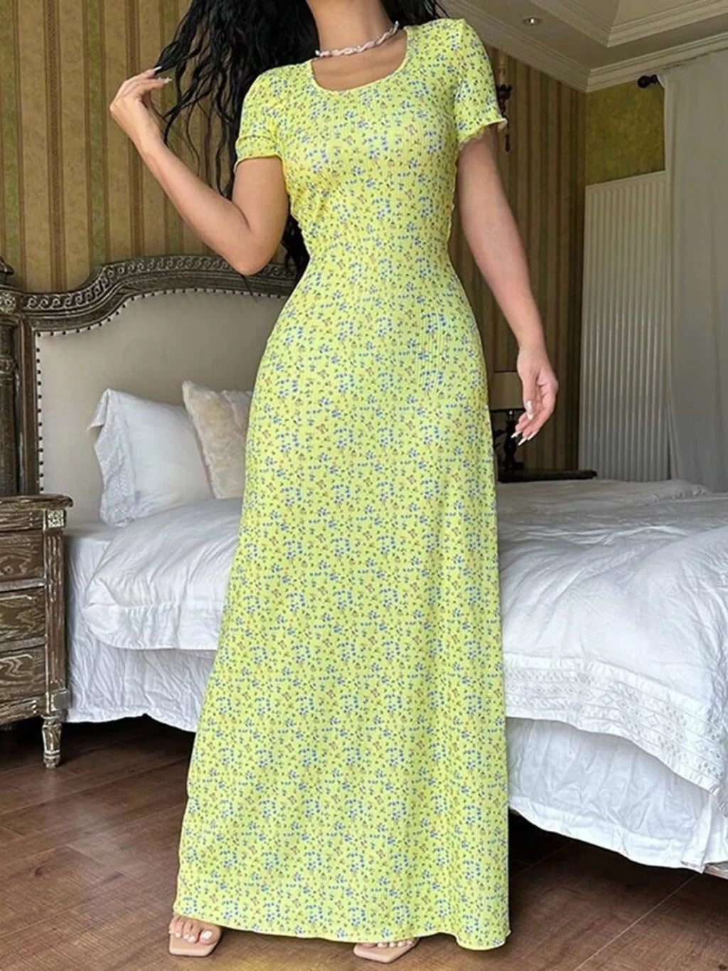 Floral Print Short Sleeve Maxi Dress - Lilixa.store