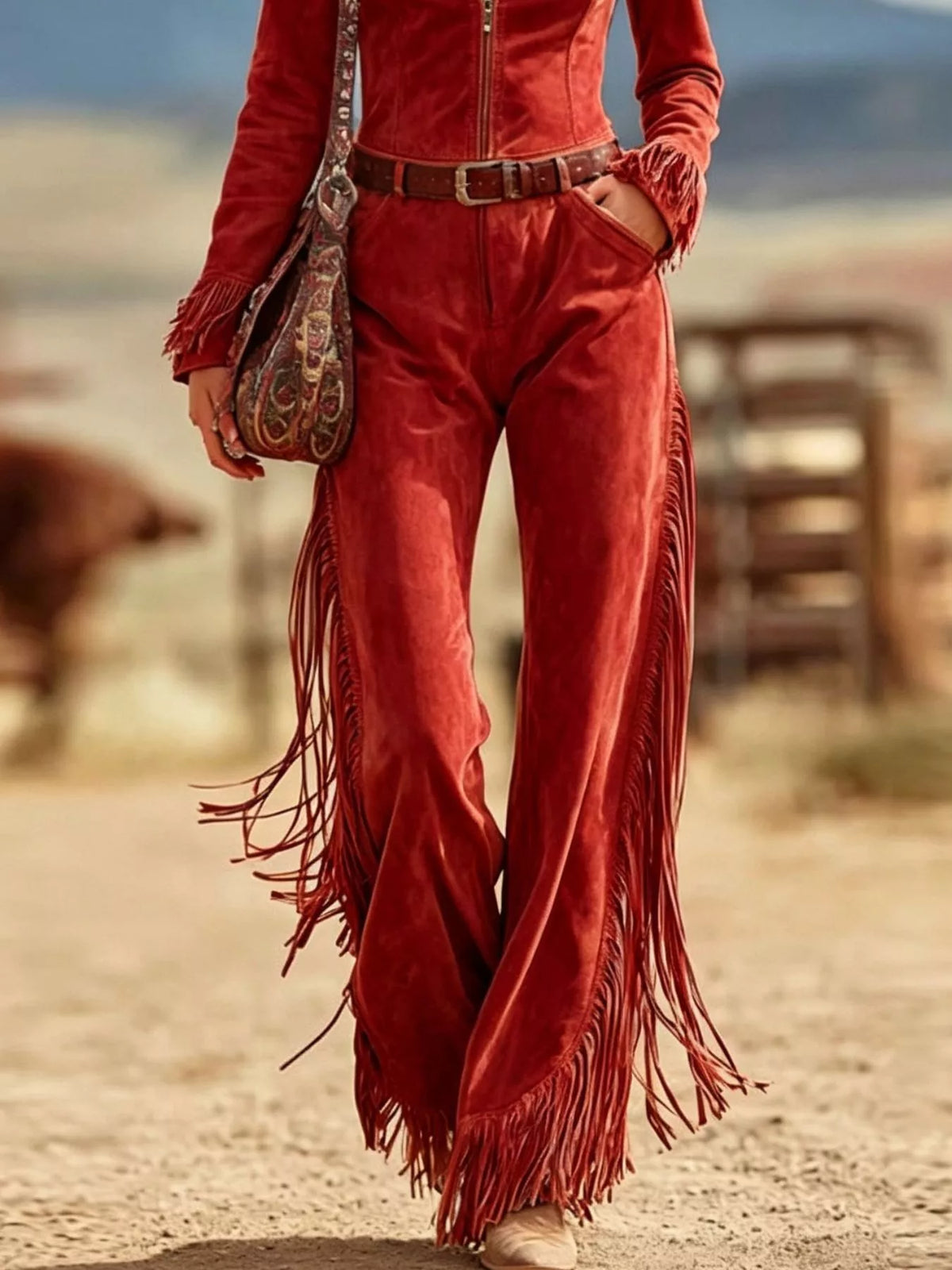 Western-Inspired Suede Fringe Jumpsuit with Zipper Front, view 4