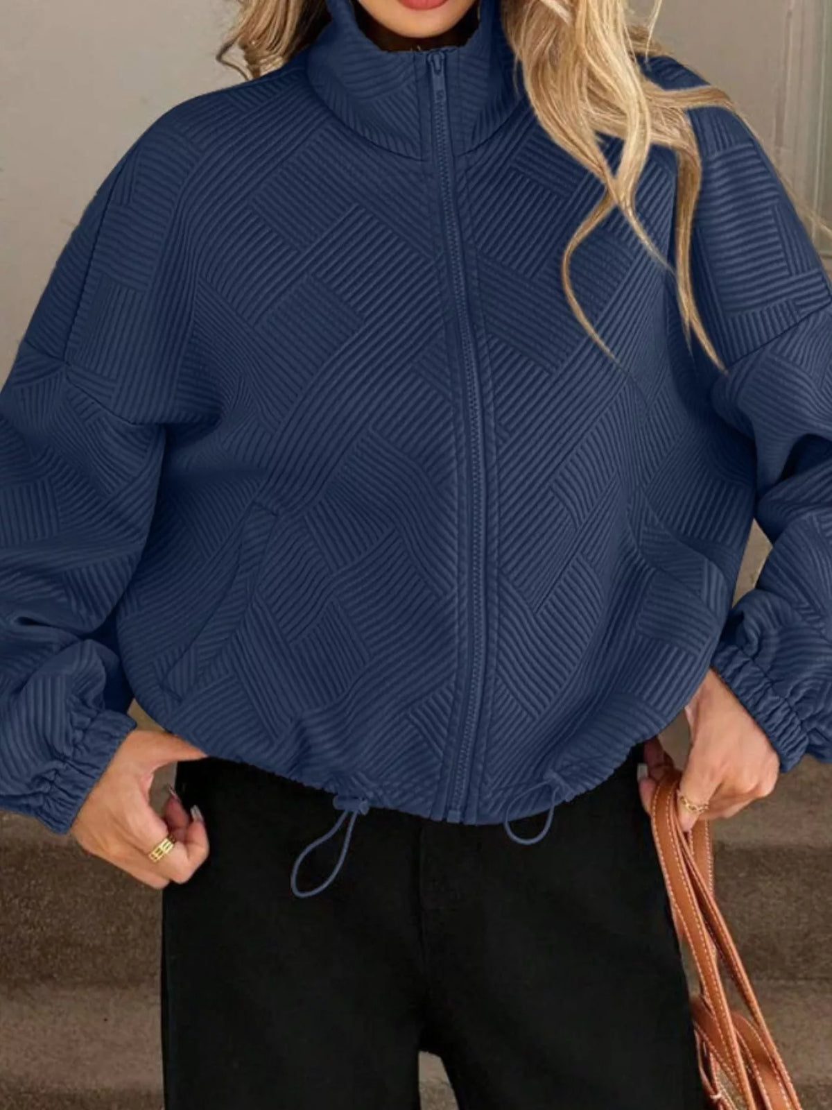 Textured Zip-Up Drawstring Hem Jacket, view 12