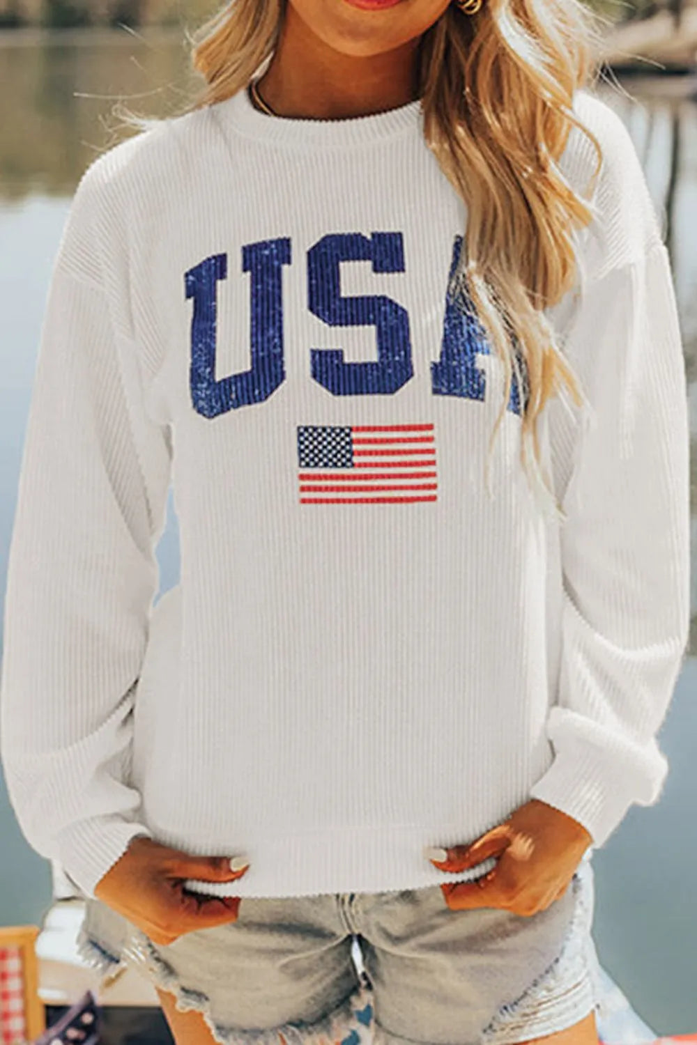 US Flag Corded Long Sleeve Sweatshirt - Lilixa.store