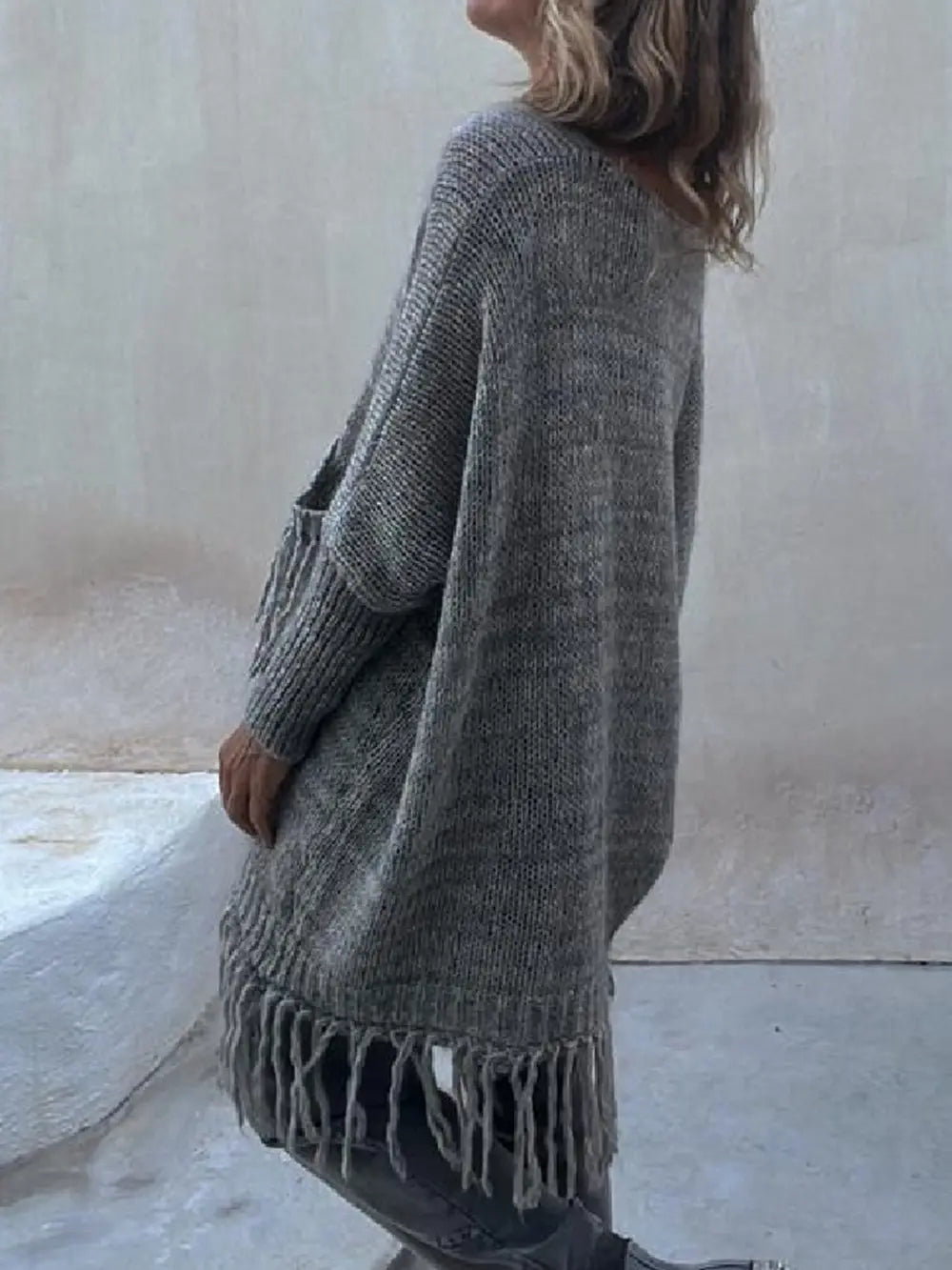 Fringe Detail Long Sleeve Sweater with Pockets, view 3