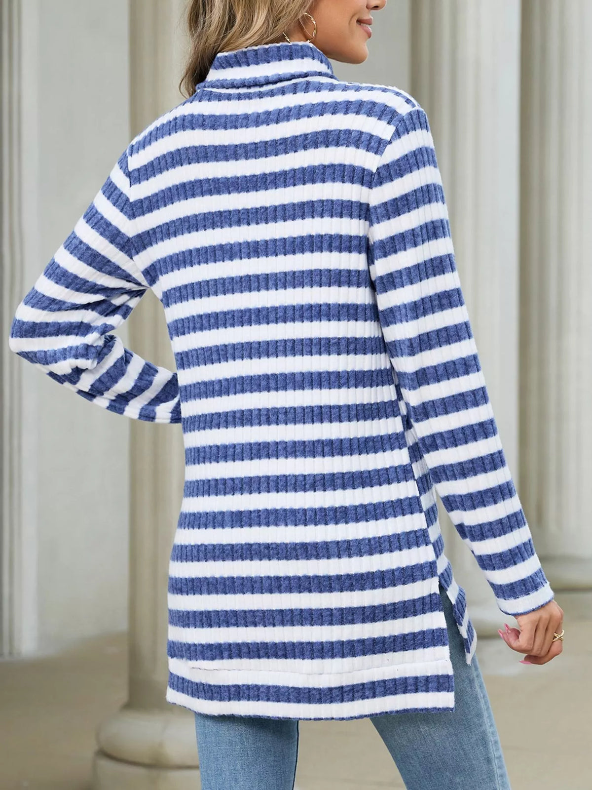 Striped Ribbed Knit Turtleneck Long Sleeve T-Shirt - Lilixa.store