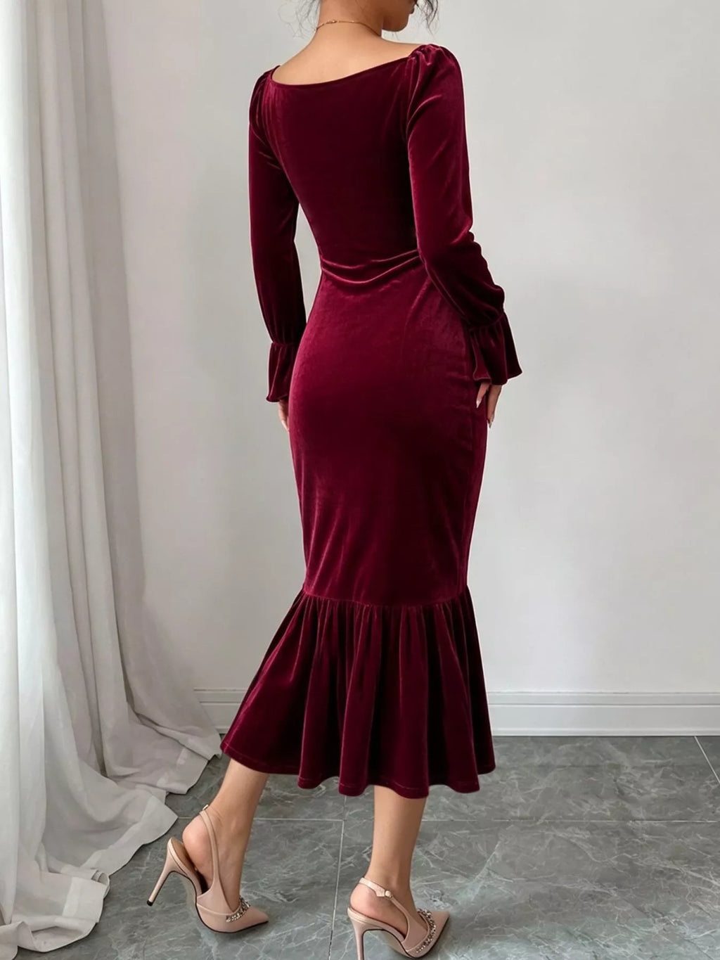 Velvet Ruched Ruffle Hem Midi Dress - Lilixa.store