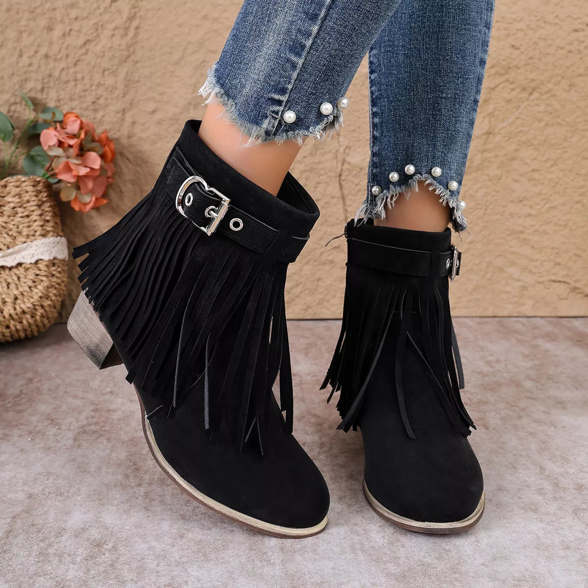 Fringe Ankle Boots with Buckle Detail