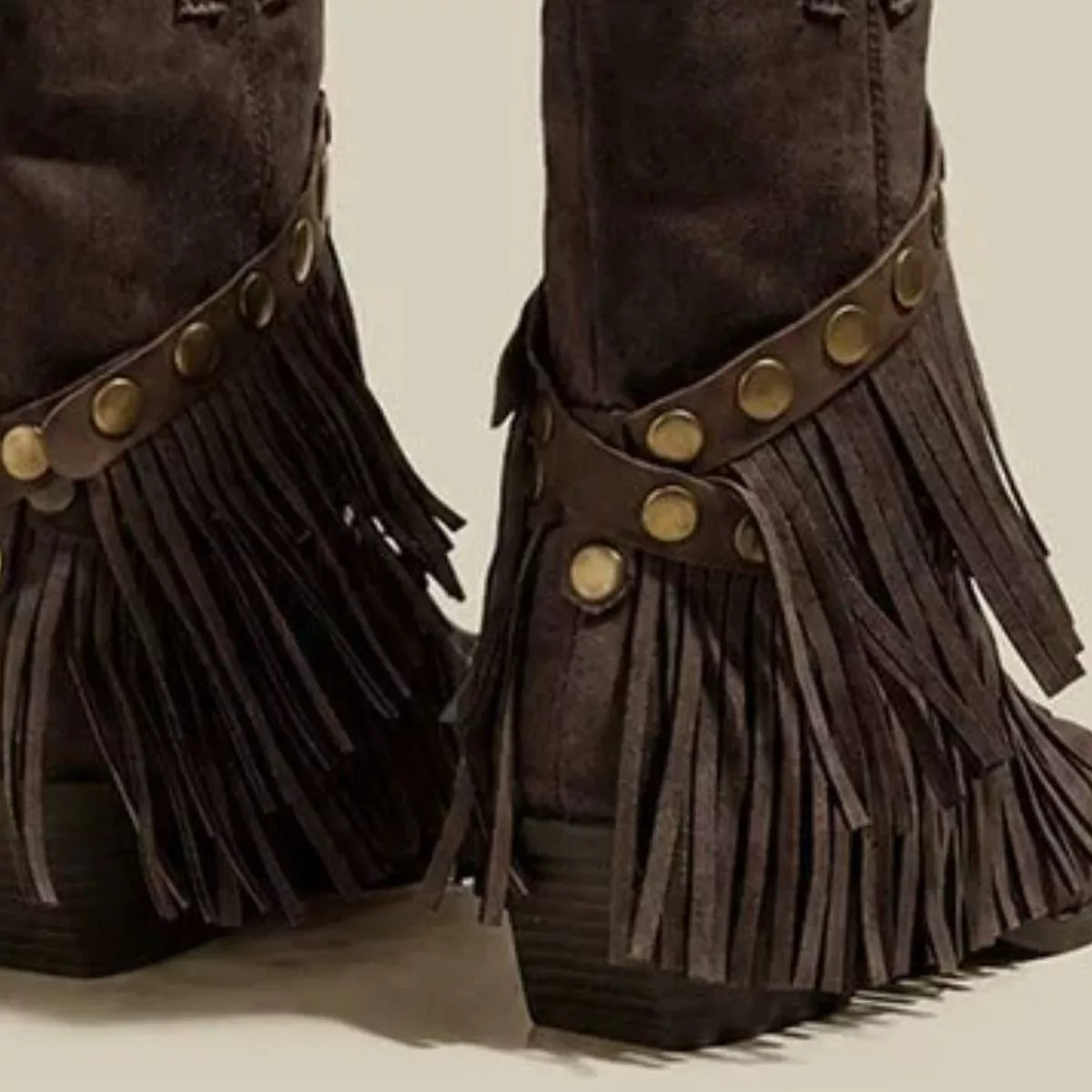 Vintage Suede Western Fringe Boots with Studded Straps