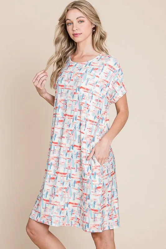 BOMBOM Printed Round Neck Short Sleeve Tee Dress - Lilixa.store