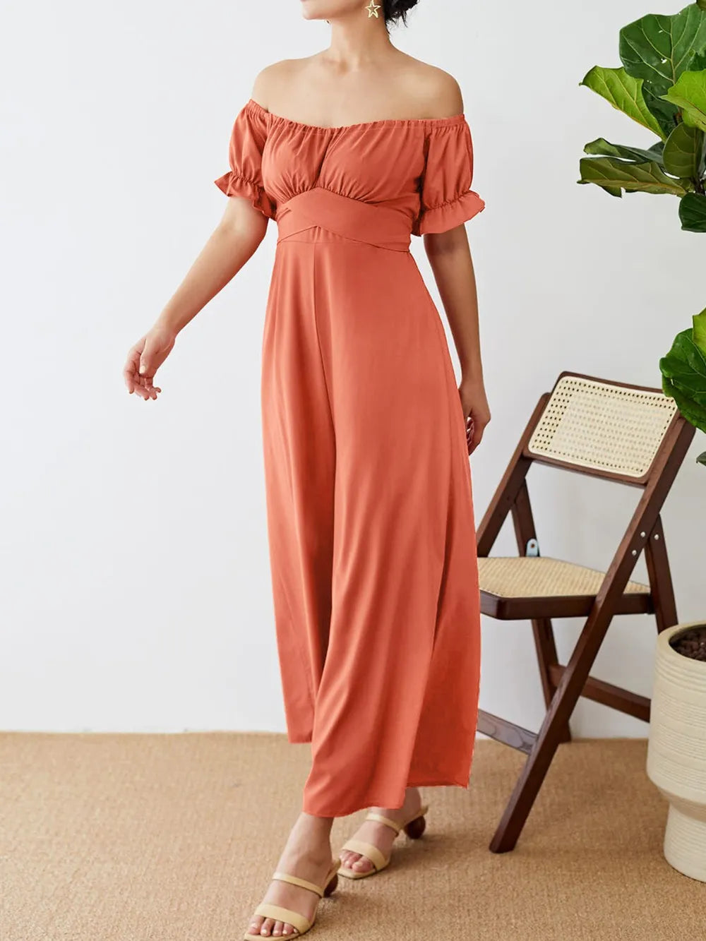 Off-Shoulder Short Sleeve Wide Leg Jumpsuit - Lilixa.store