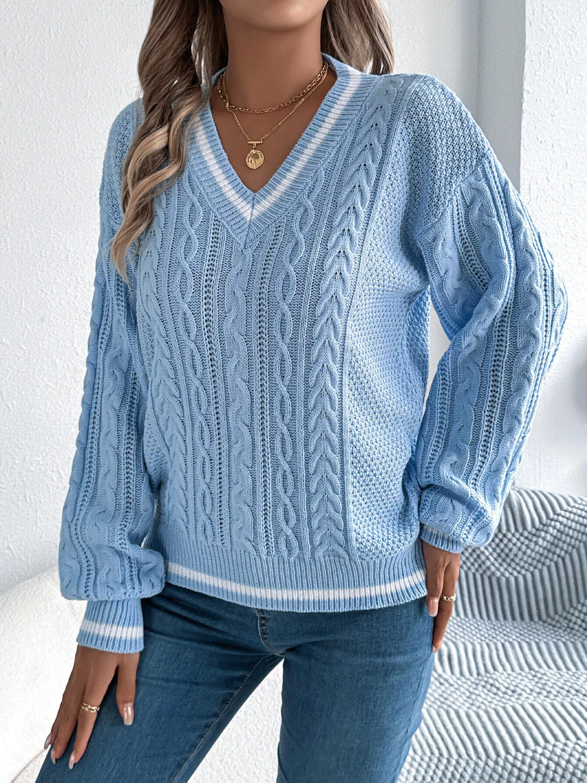 V-Neck Cable Knit Sweater with Striped Trim