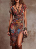 Floral Print V-Neck Midi Dress with High Slit - Lilixa.store