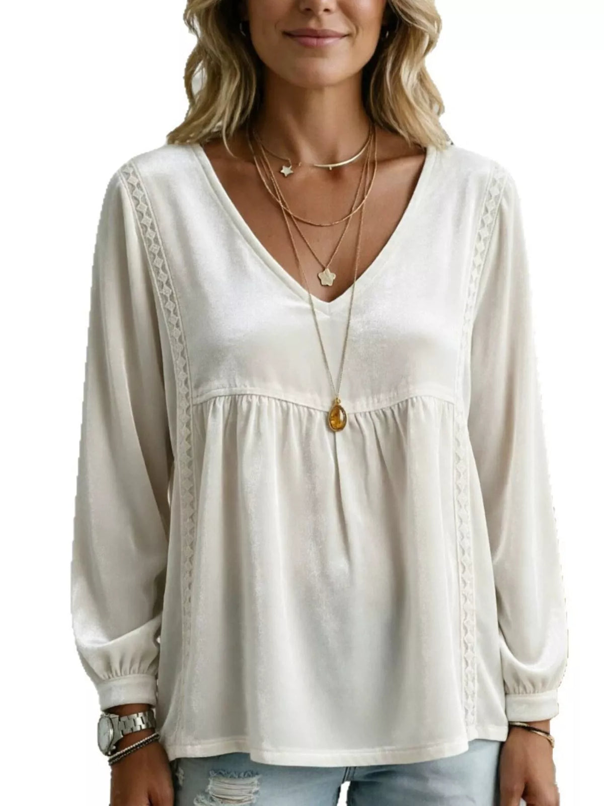 Full Size V-Neck Long Sleeve Velvet Blouse with Lace Trim Plus Size - Lilixa.store