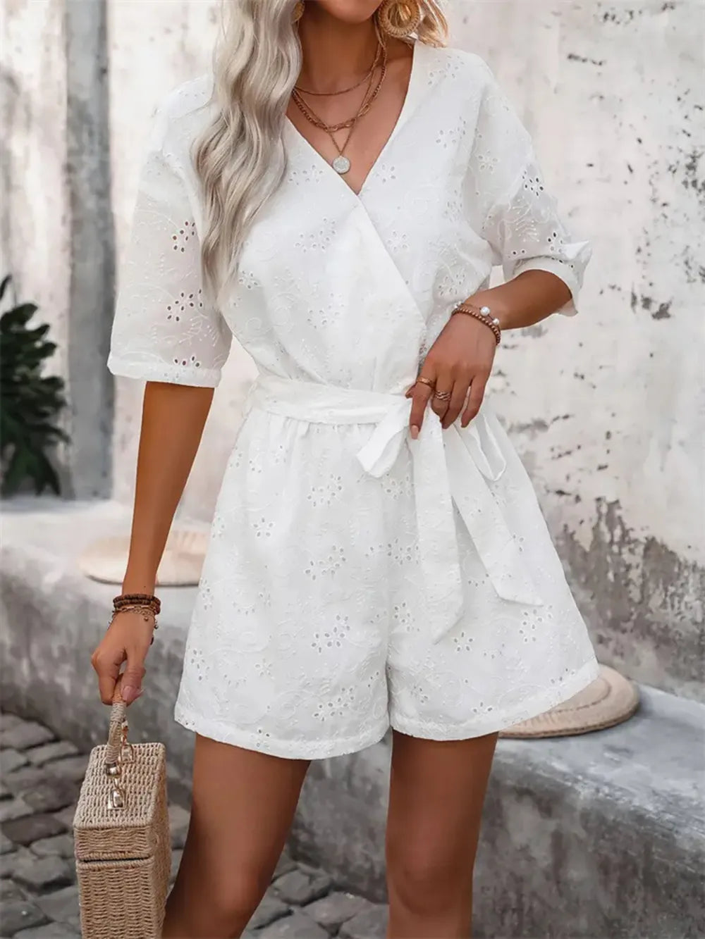 Tied Front Eyelet Romper - Lilixa.store