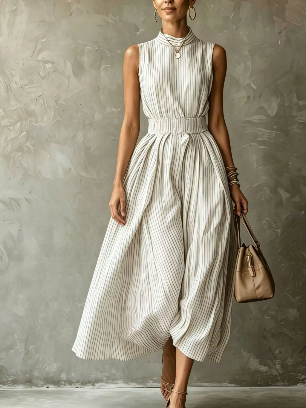 Striped Mock Neck Sleeveless Maxi Dress - Lilixa.store