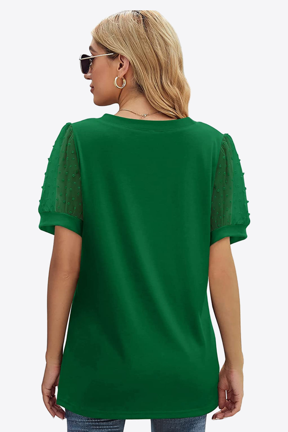 Swiss Dot Puff Sleeve V-Neck Tee - Lilixa.store