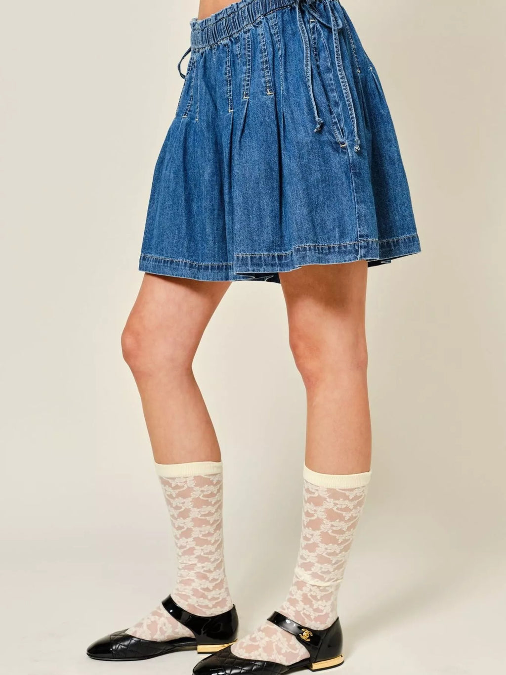 Pleated Elastic Waist Denim Shorts - Lilixa.store