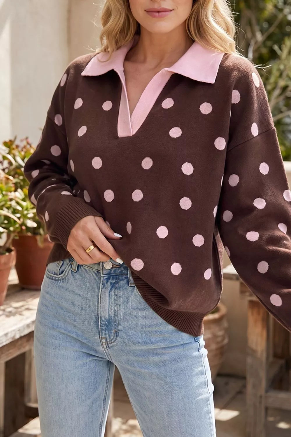 Polka Dot Pattern Color Block Collared Loose Pullover Sweater