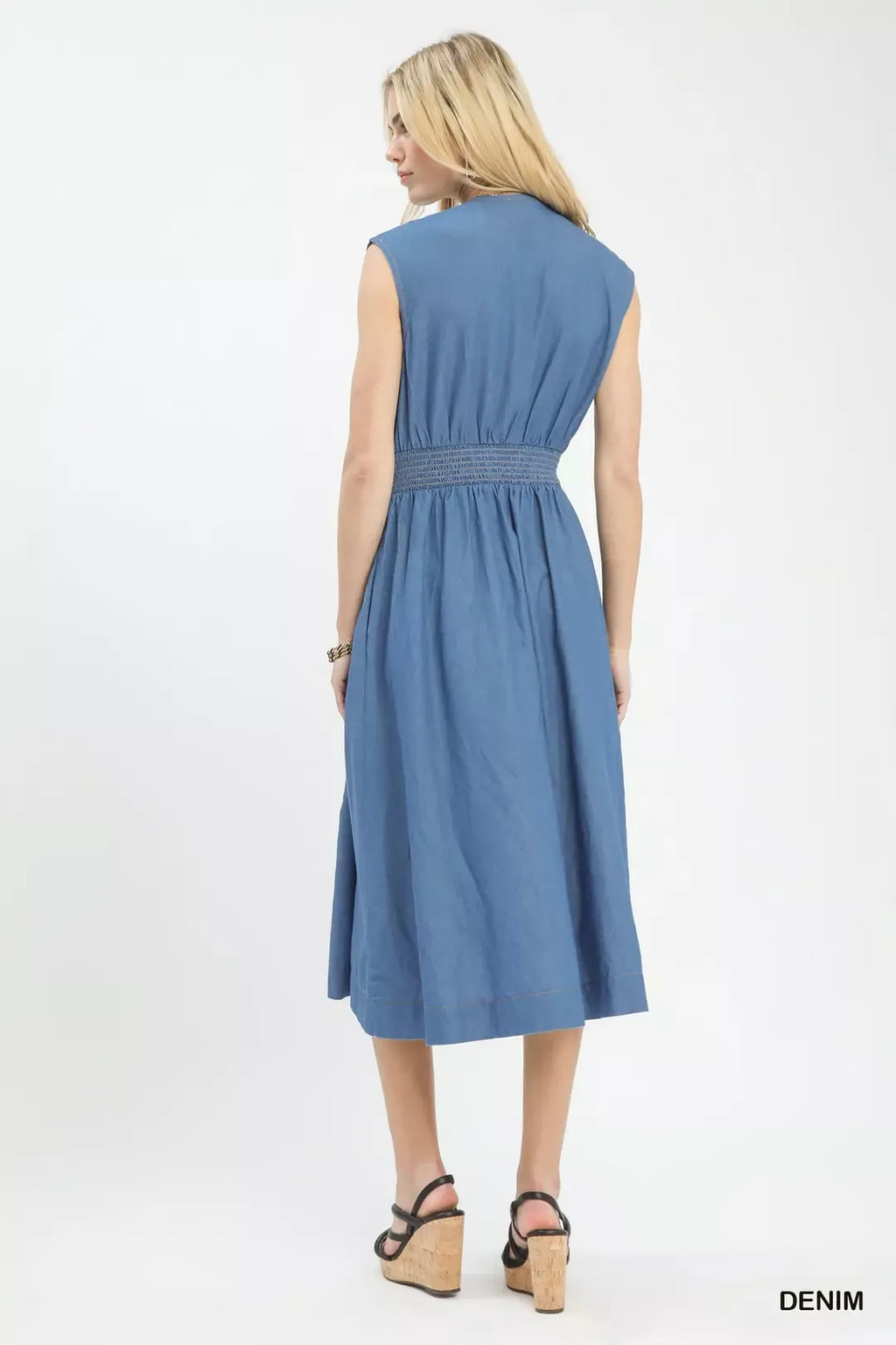 Umgee Denim Sleeveless Zip-Front Smocked Waist Midi Dress - Lilixa.store